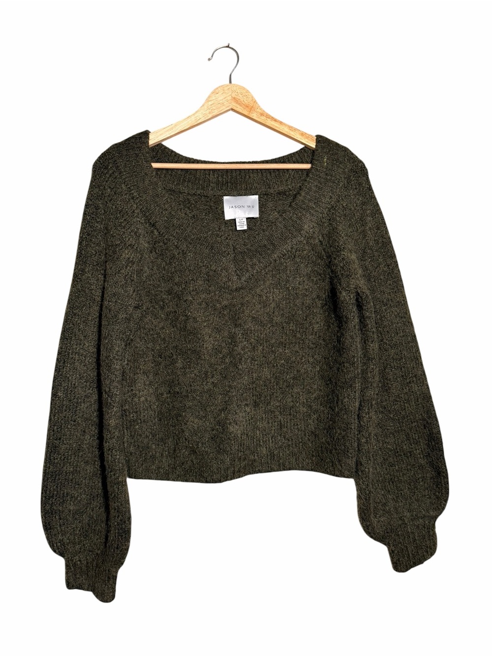 Jason Wu Deep Olive V-Neck Wool Blend Balloon Sleeve Sweater